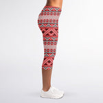 Red And White Native Tribal Print Women's Capri Leggings