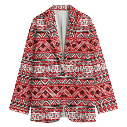 Red And White Native Tribal Print Women's Cotton Blazer