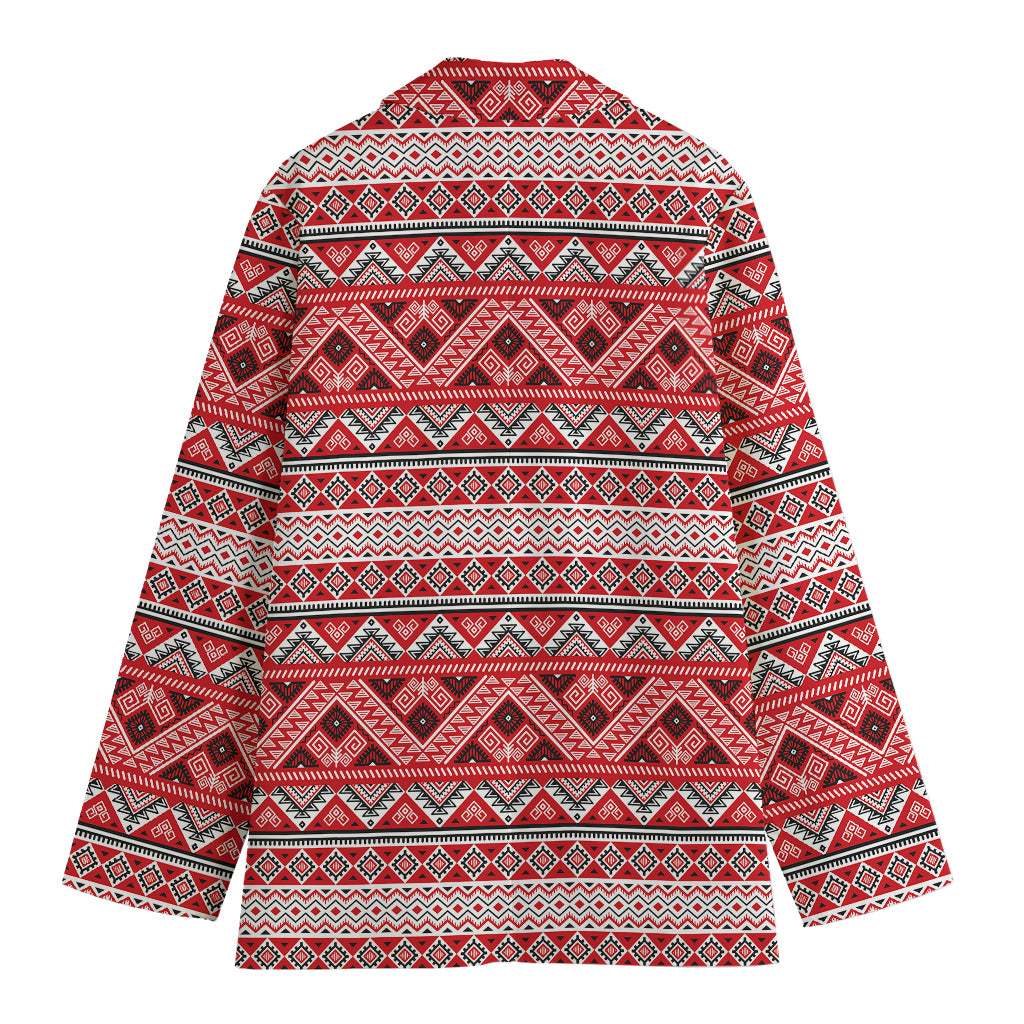 Red And White Native Tribal Print Women's Cotton Blazer