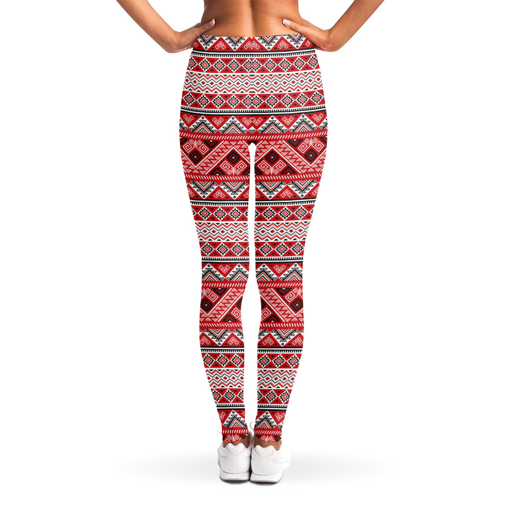 Red And White Native Tribal Print Women's Leggings