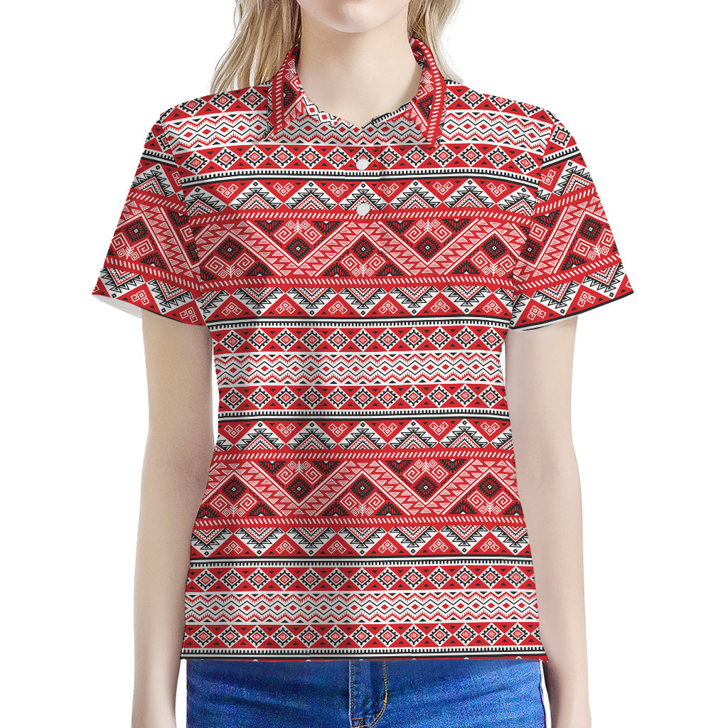 Red And White Native Tribal Print Women's Polo Shirt