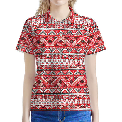 Red And White Native Tribal Print Women's Polo Shirt