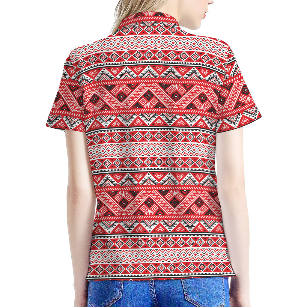 Red And White Native Tribal Print Women's Polo Shirt