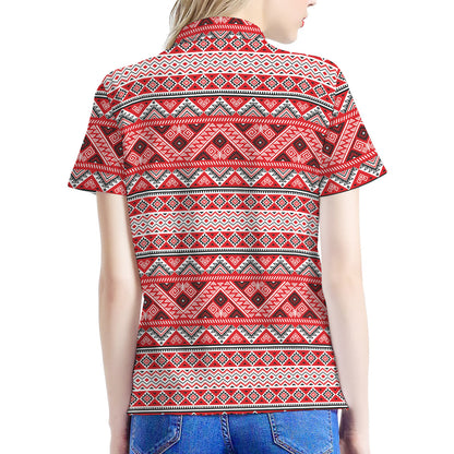 Red And White Native Tribal Print Women's Polo Shirt