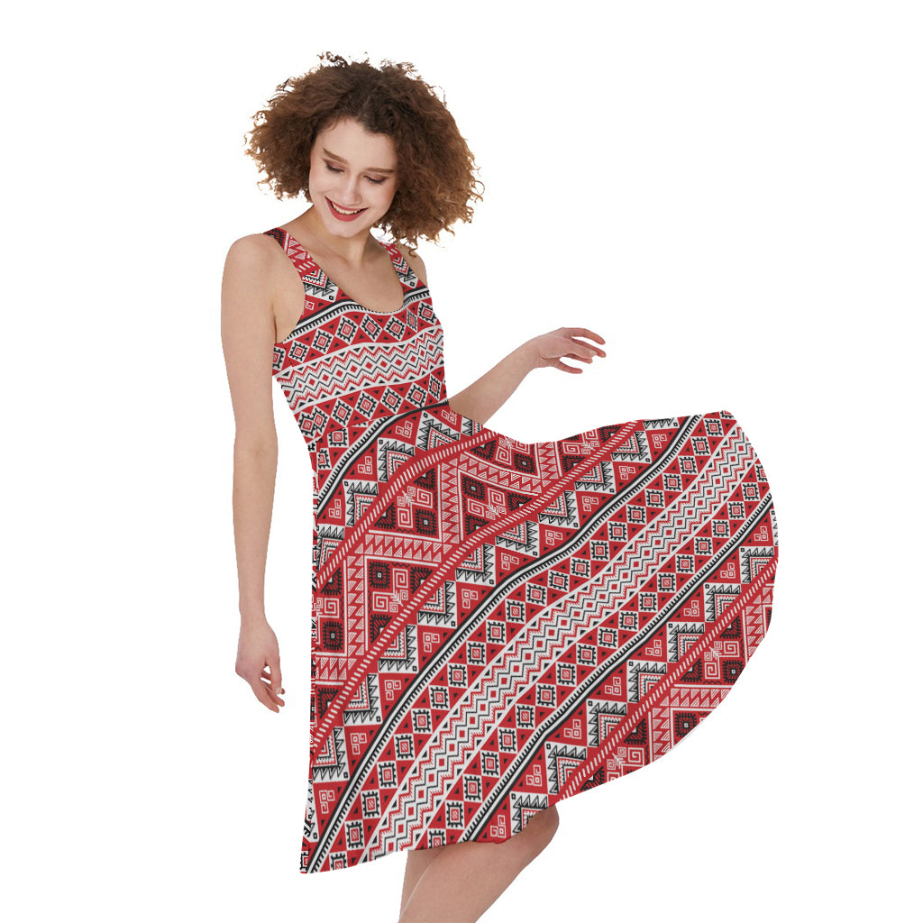 Red And White Native Tribal Print Women's Sleeveless Dress