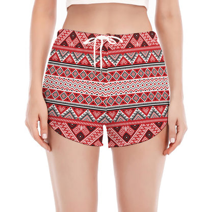 Red And White Native Tribal Print Women's Split Running Shorts