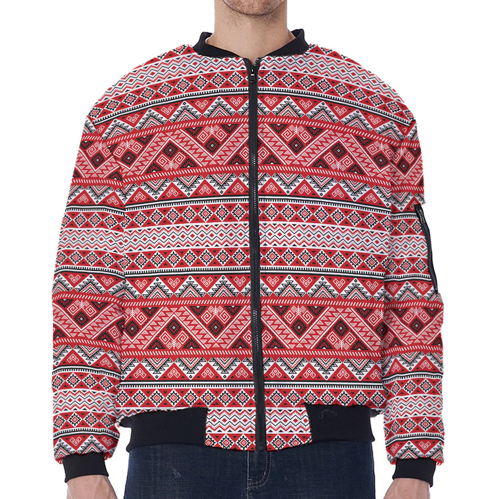 Red And White Native Tribal Print Zip Sleeve Bomber Jacket