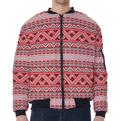 Red And White Native Tribal Print Zip Sleeve Bomber Jacket