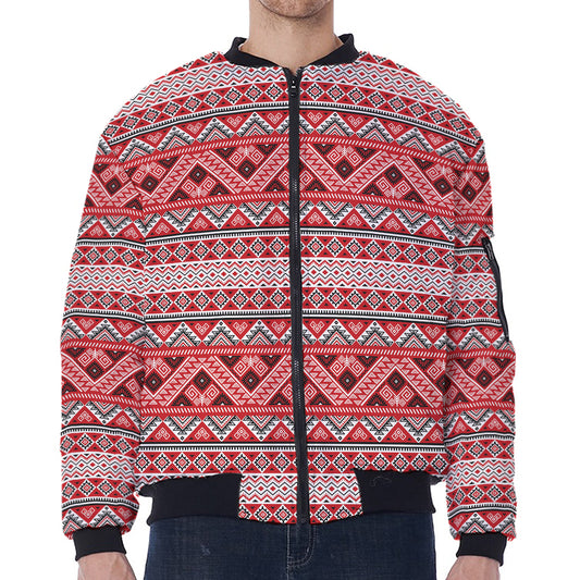 Red And White Native Tribal Print Zip Sleeve Bomber Jacket