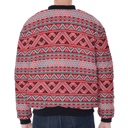 Red And White Native Tribal Print Zip Sleeve Bomber Jacket