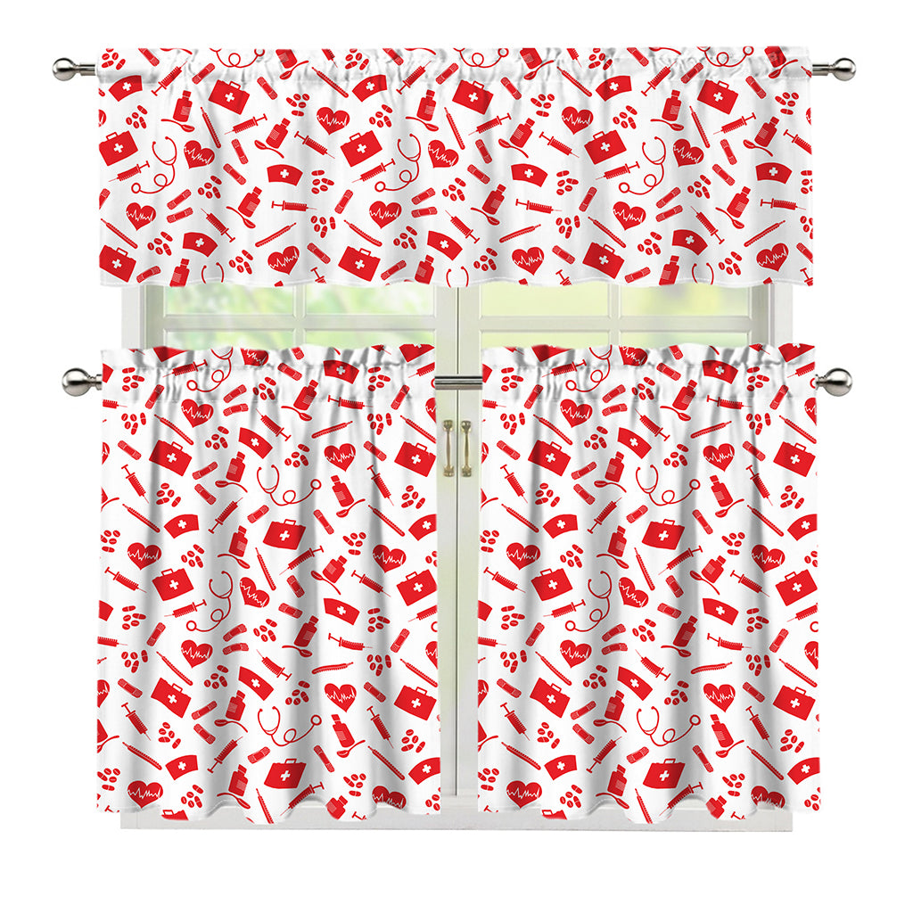 Red And White Nurse Pattern Print 3 Piece Kitchen Curtains