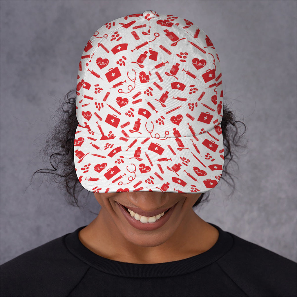 Red And White Nurse Pattern Print Baseball Cap