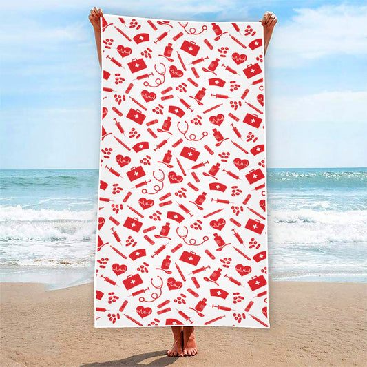 Red And White Nurse Pattern Print Beach Towel