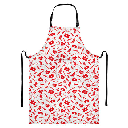 Red And White Nurse Pattern Print Bib Apron With Pocket