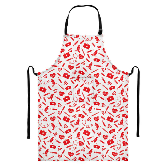 Red And White Nurse Pattern Print Bib Apron With Pocket