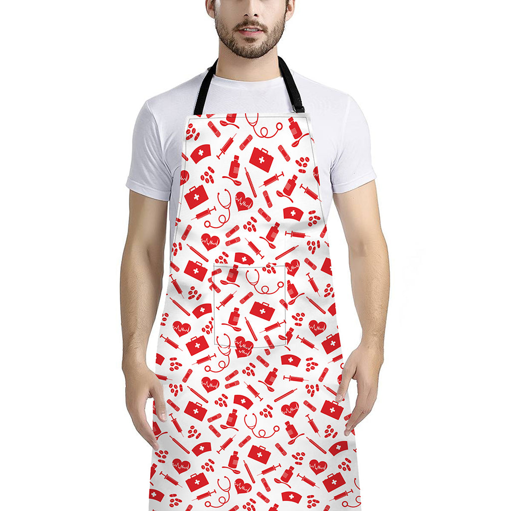 Red And White Nurse Pattern Print Bib Apron With Pocket