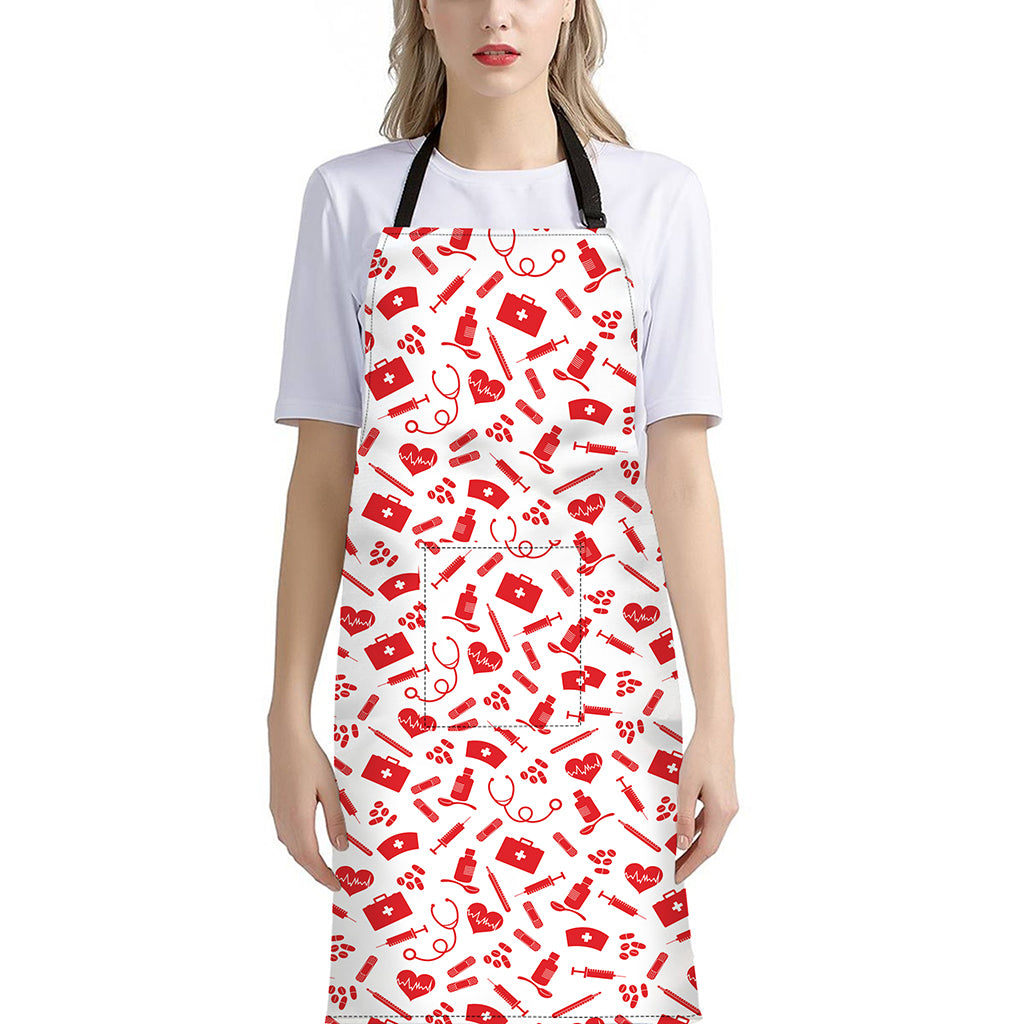 Red And White Nurse Pattern Print Bib Apron With Pocket