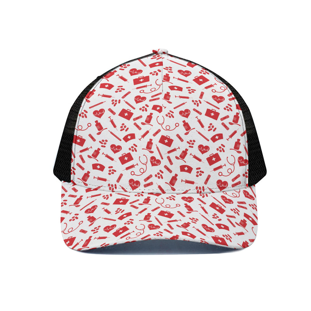 Red And White Nurse Pattern Print Black Mesh Trucker Cap