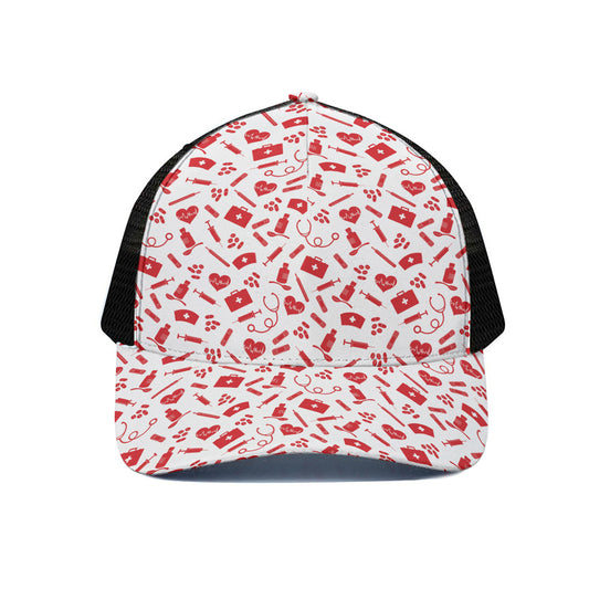 Red And White Nurse Pattern Print Black Mesh Trucker Cap