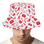Red And White Nurse Pattern Print Bucket Hat