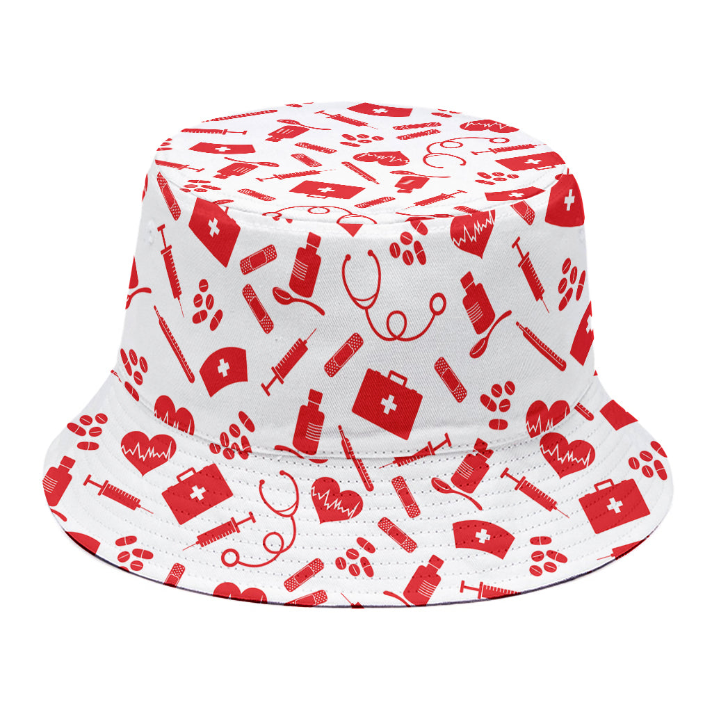 Red And White Nurse Pattern Print Bucket Hat