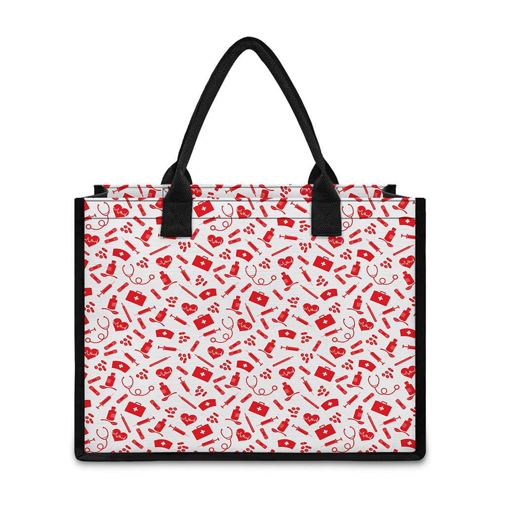 Red And White Nurse Pattern Print Canvas Tote Bag