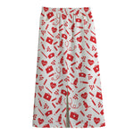 Red And White Nurse Pattern Print Cotton Front Slit Maxi Skirt