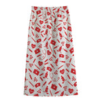 Red And White Nurse Pattern Print Cotton Front Slit Maxi Skirt