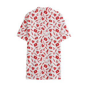 Red And White Nurse Pattern Print Cotton Hawaiian Shirt