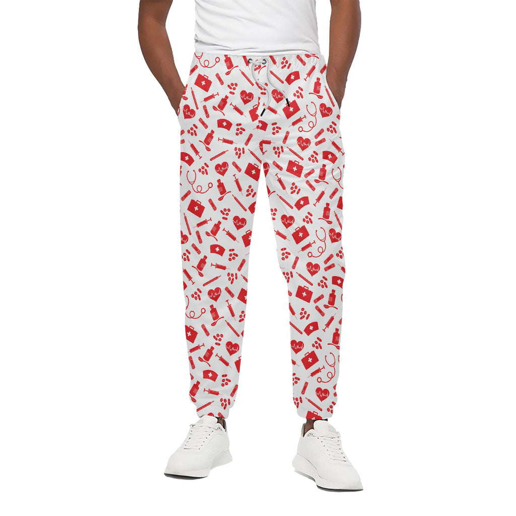 Red And White Nurse Pattern Print Cotton Pants