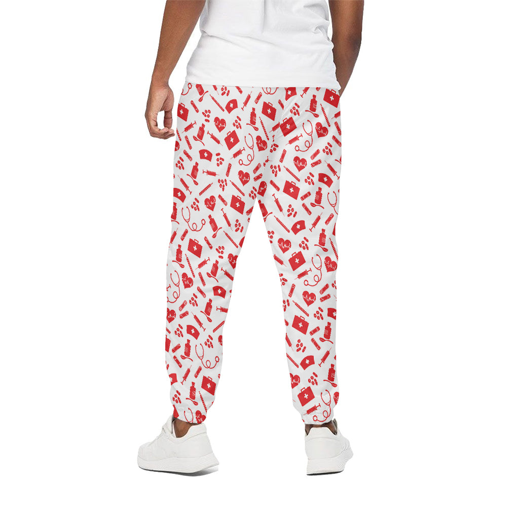 Red And White Nurse Pattern Print Cotton Pants