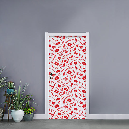 Red And White Nurse Pattern Print Door Sticker