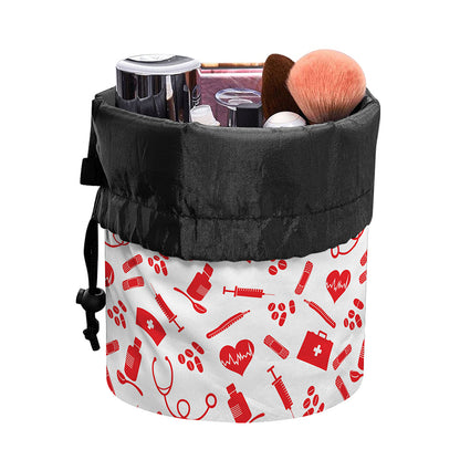 Red And White Nurse Pattern Print Drawstring Makeup Bag