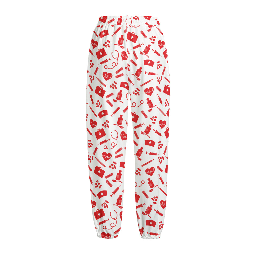 Red And White Nurse Pattern Print Fleece Lined Knit Pants