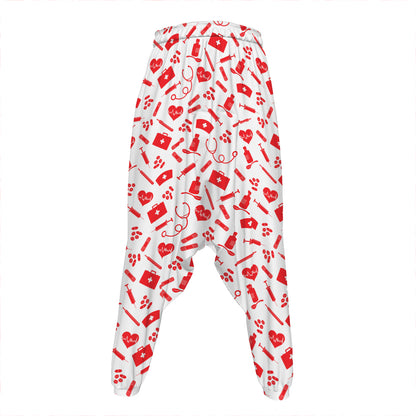 Red And White Nurse Pattern Print Hammer Pants