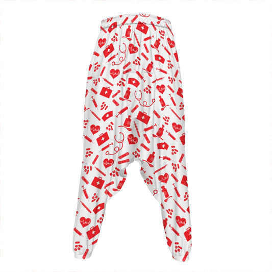 Red And White Nurse Pattern Print Hammer Pants