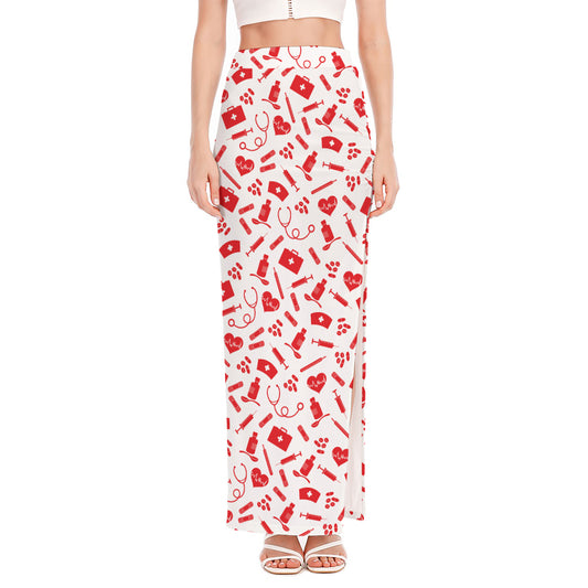 Red And White Nurse Pattern Print High Slit Maxi Skirt