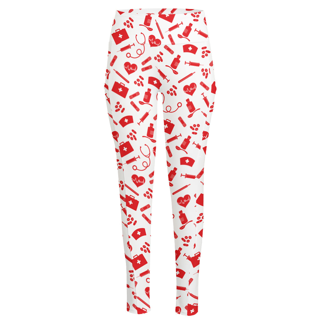 Red And White Nurse Pattern Print High-Waisted Pocket Leggings