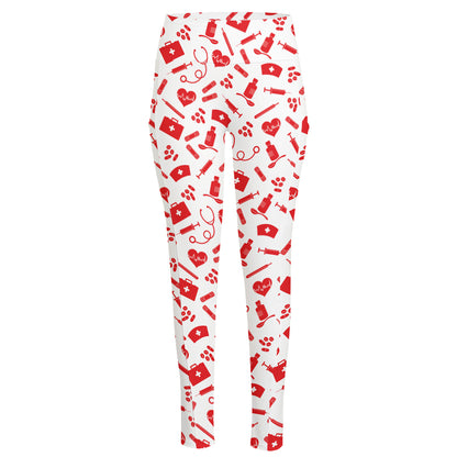 Red And White Nurse Pattern Print High-Waisted Pocket Leggings