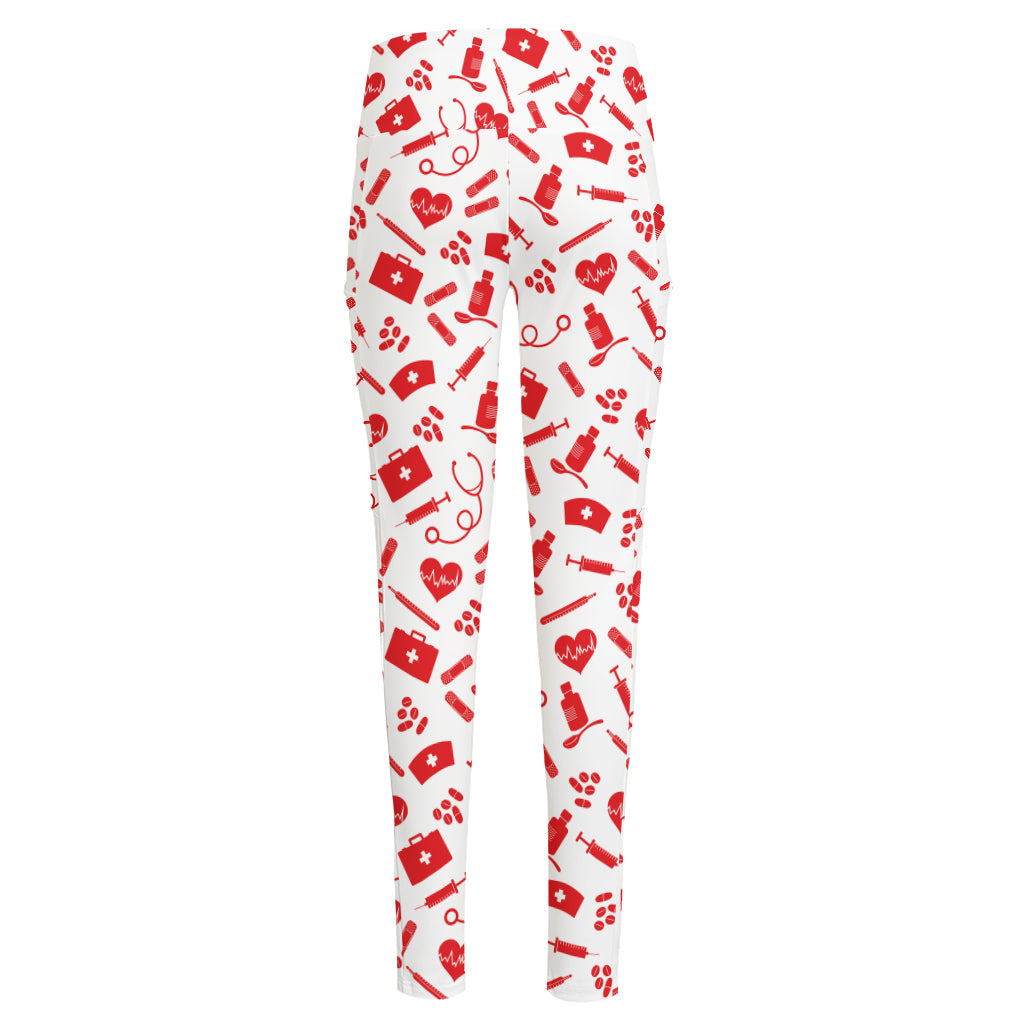 Red And White Nurse Pattern Print High-Waisted Pocket Leggings