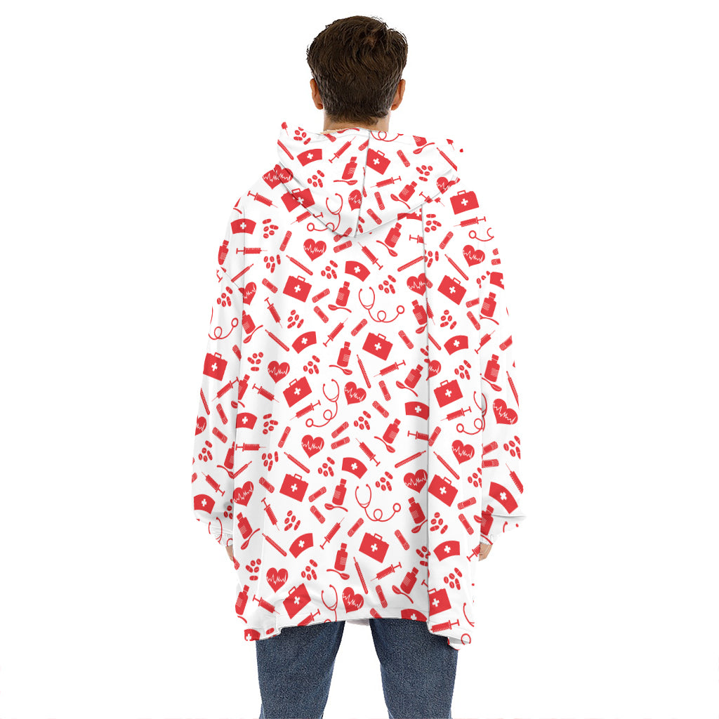 Red And White Nurse Pattern Print Hoodie Blanket