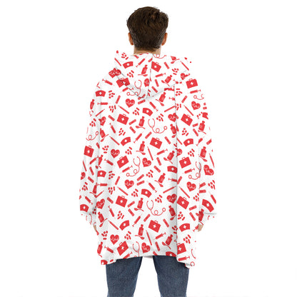 Red And White Nurse Pattern Print Hoodie Blanket