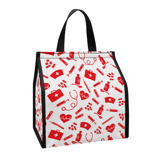 Red And White Nurse Pattern Print Insulated Lunch Tote