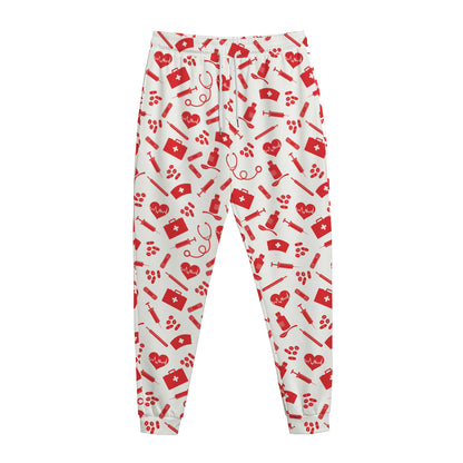 Red And White Nurse Pattern Print Jogger Pants