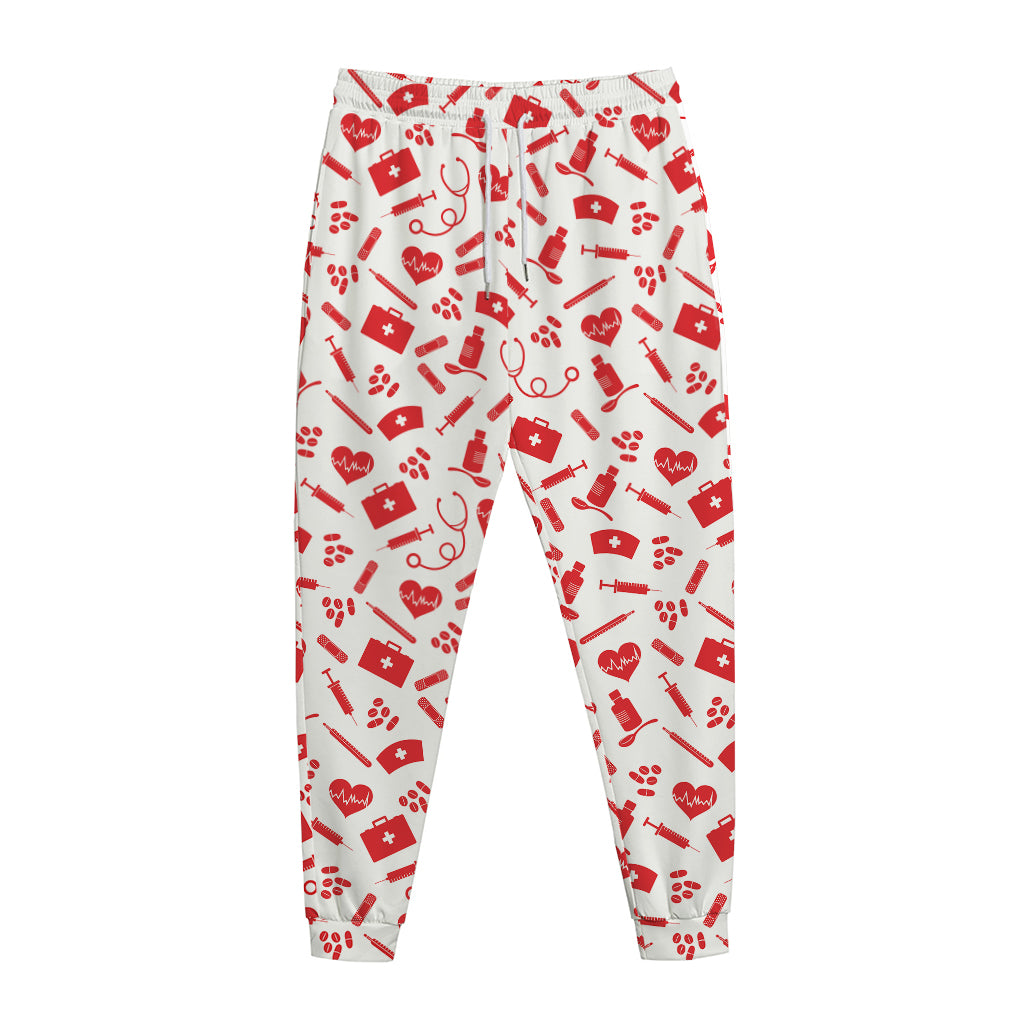 Red And White Nurse Pattern Print Jogger Pants