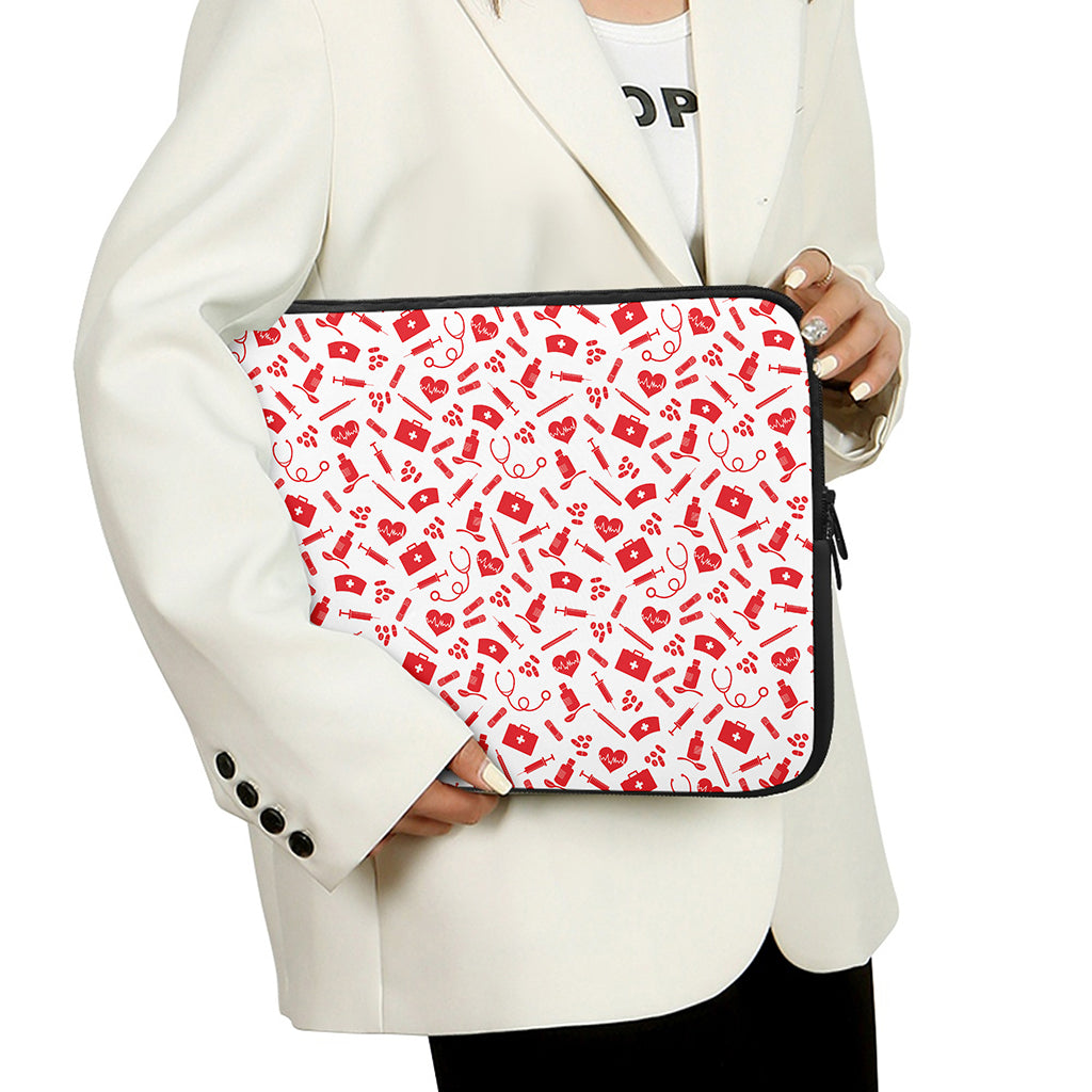 Red And White Nurse Pattern Print Laptop Sleeve