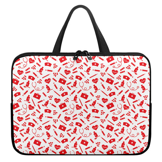 Red And White Nurse Pattern Print Laptop Sleeve With Handle