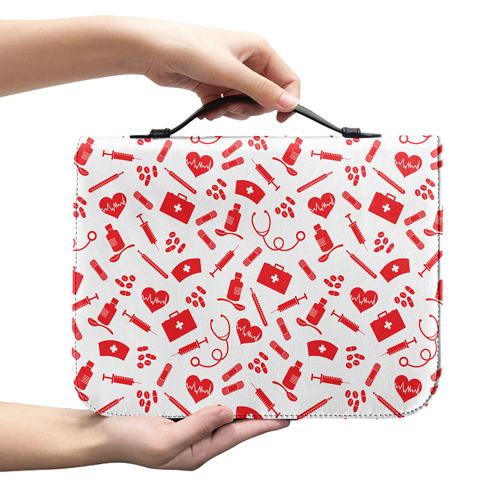 Red And White Nurse Pattern Print Leather Bible Cover