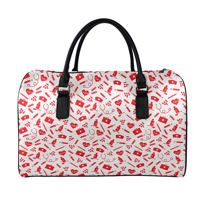 Red And White Nurse Pattern Print Leather Duffle Bag