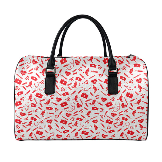 Red And White Nurse Pattern Print Leather Duffle Bag